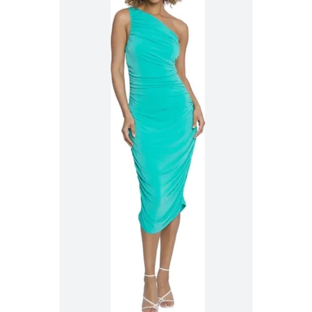 Laggy London Ruched One-Shoulder Sheath Midi Dress Green Size 6